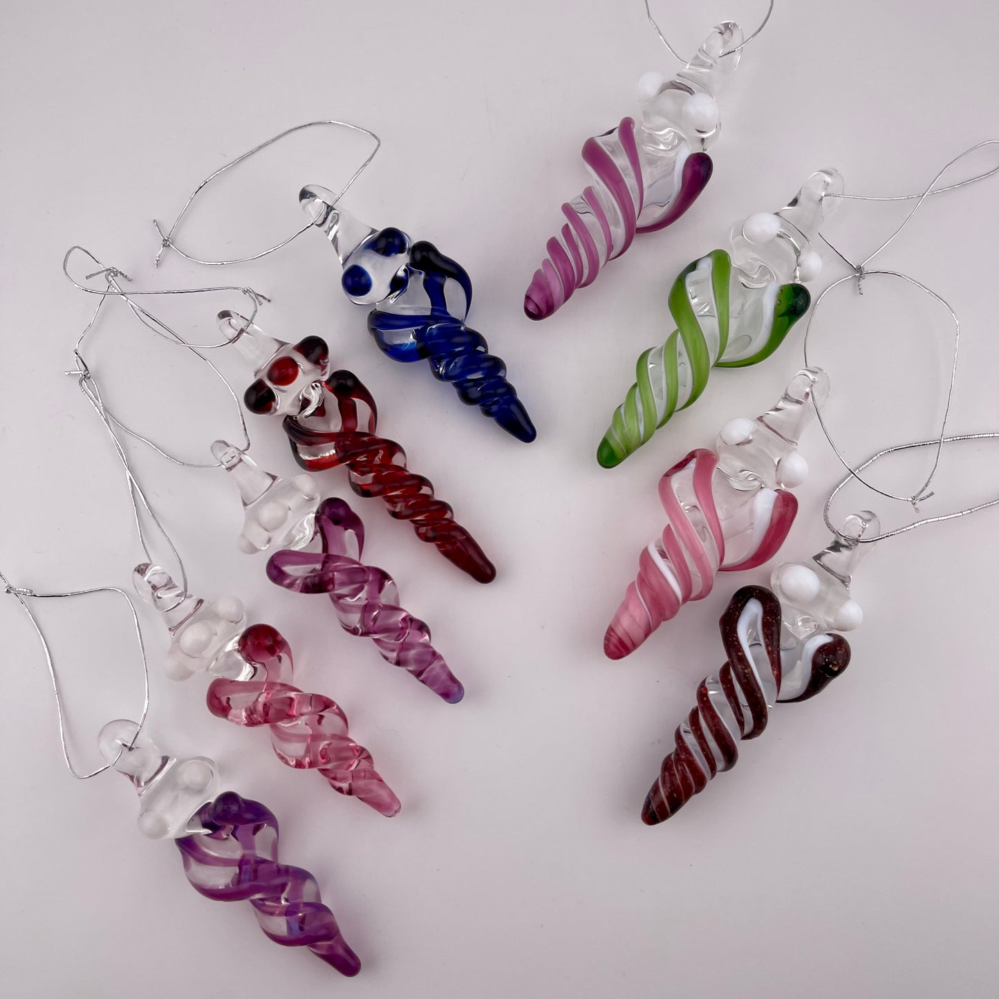 Mini Telemagenta over White Glass Icicle Ornaments