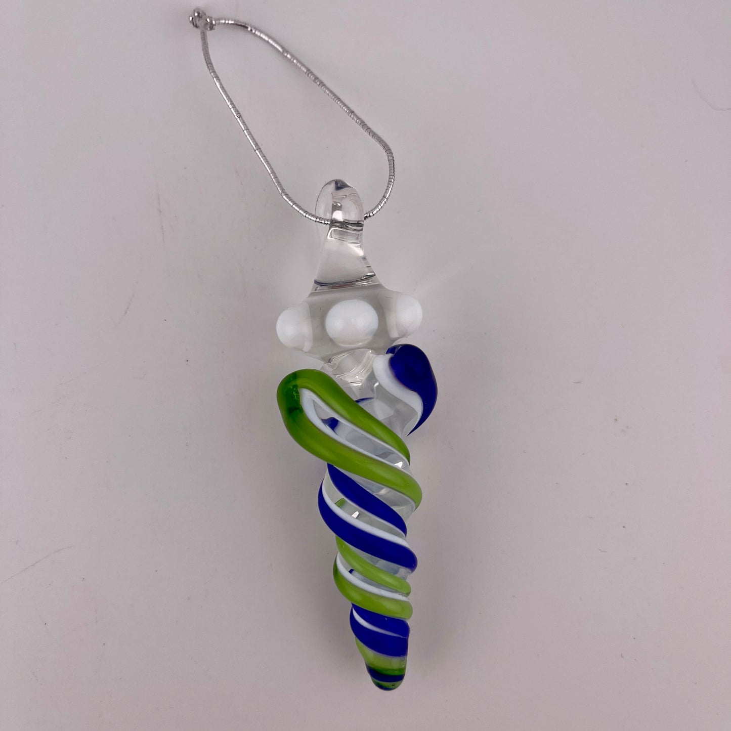 Mini Cobalt Blue and Plantphibian Green over White Glass Icicle Ornaments