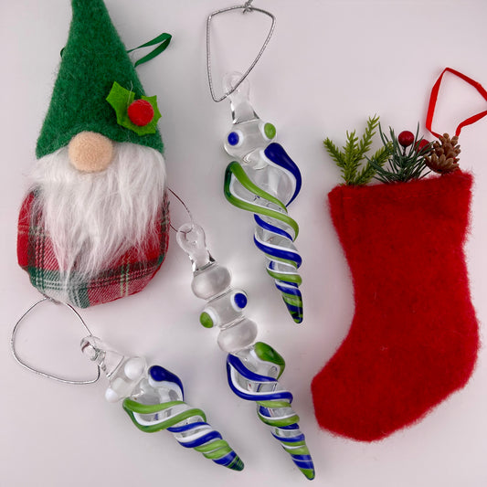 3 Pack Cobalt Blue and Sparkly Green over Lotus White Glass Icicle Ornament  "Holiday Special"