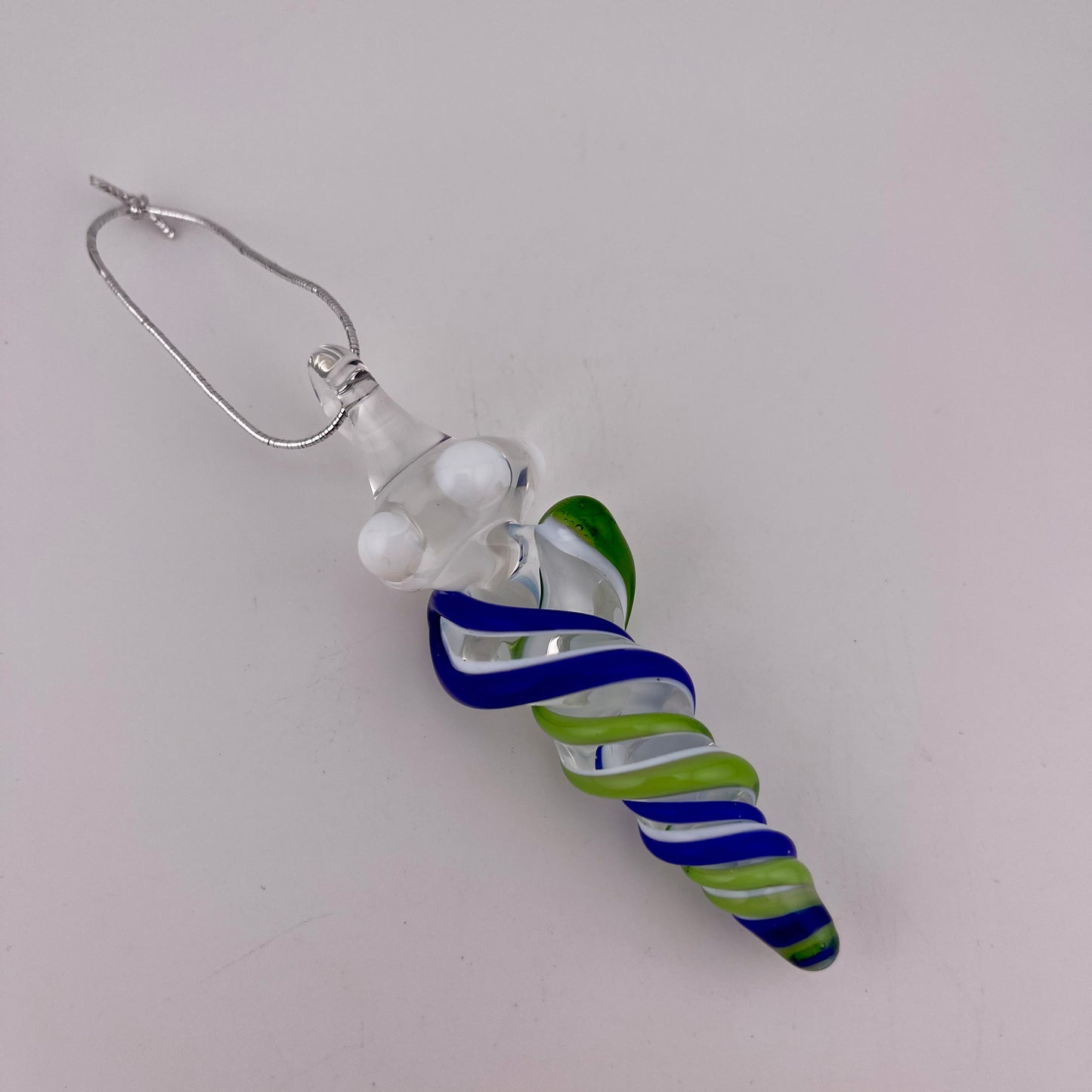 Mini Cobalt Blue and Plantphibian Green over White Glass Icicle Ornaments