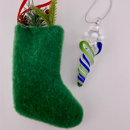 Mini Cobalt Blue and Plantphibian Green over White Glass Icicle Ornaments