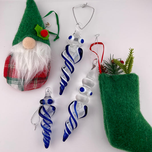 3 Pack Cobalt Blue over Lotus White Glass Icicle Ornament  "Holiday Special"