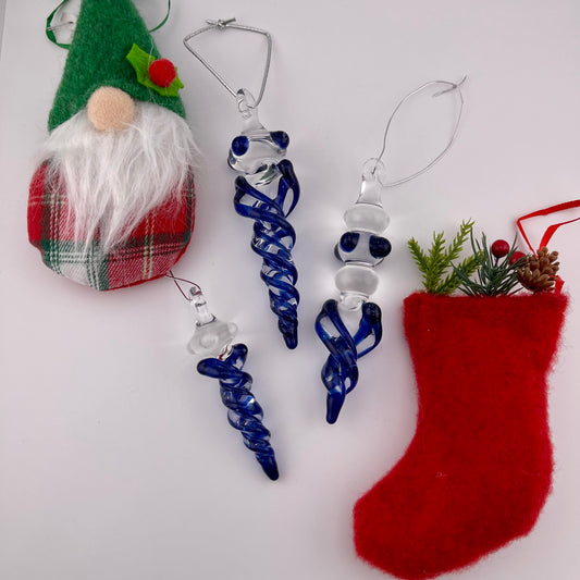 3 Pack Cobalt Blizzard Blue Glass Icicle Ornament  "Holiday Special"