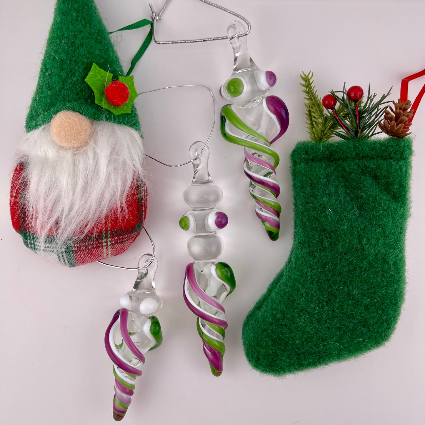 3 Pack of Royal Jelly and Plantphibian Green over Lotus White Glass Icicle Ornament  "Holiday Special"