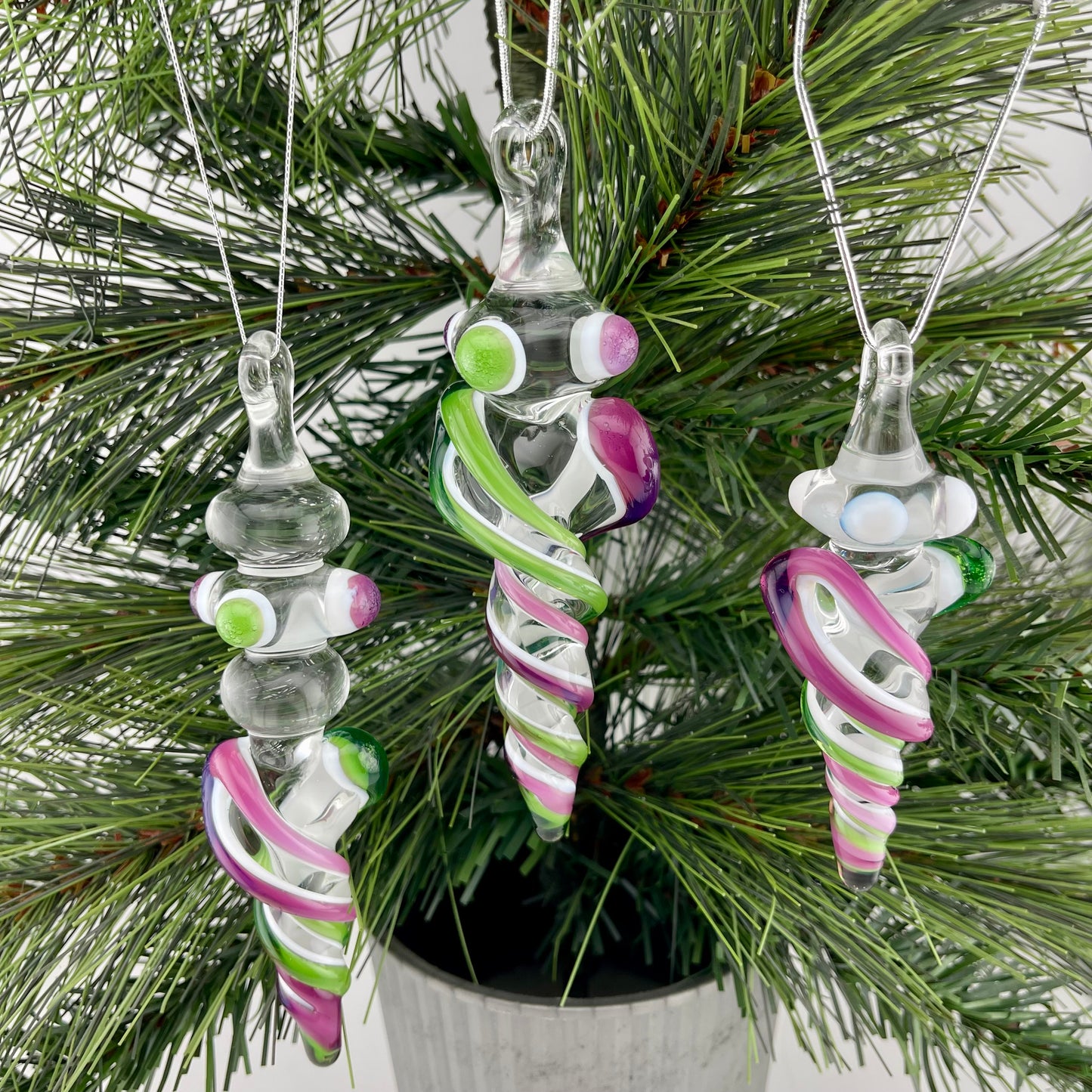 3 Pack of Royal Jelly and Plantphibian Green over Lotus White Glass Icicle Ornament  "Holiday Special"