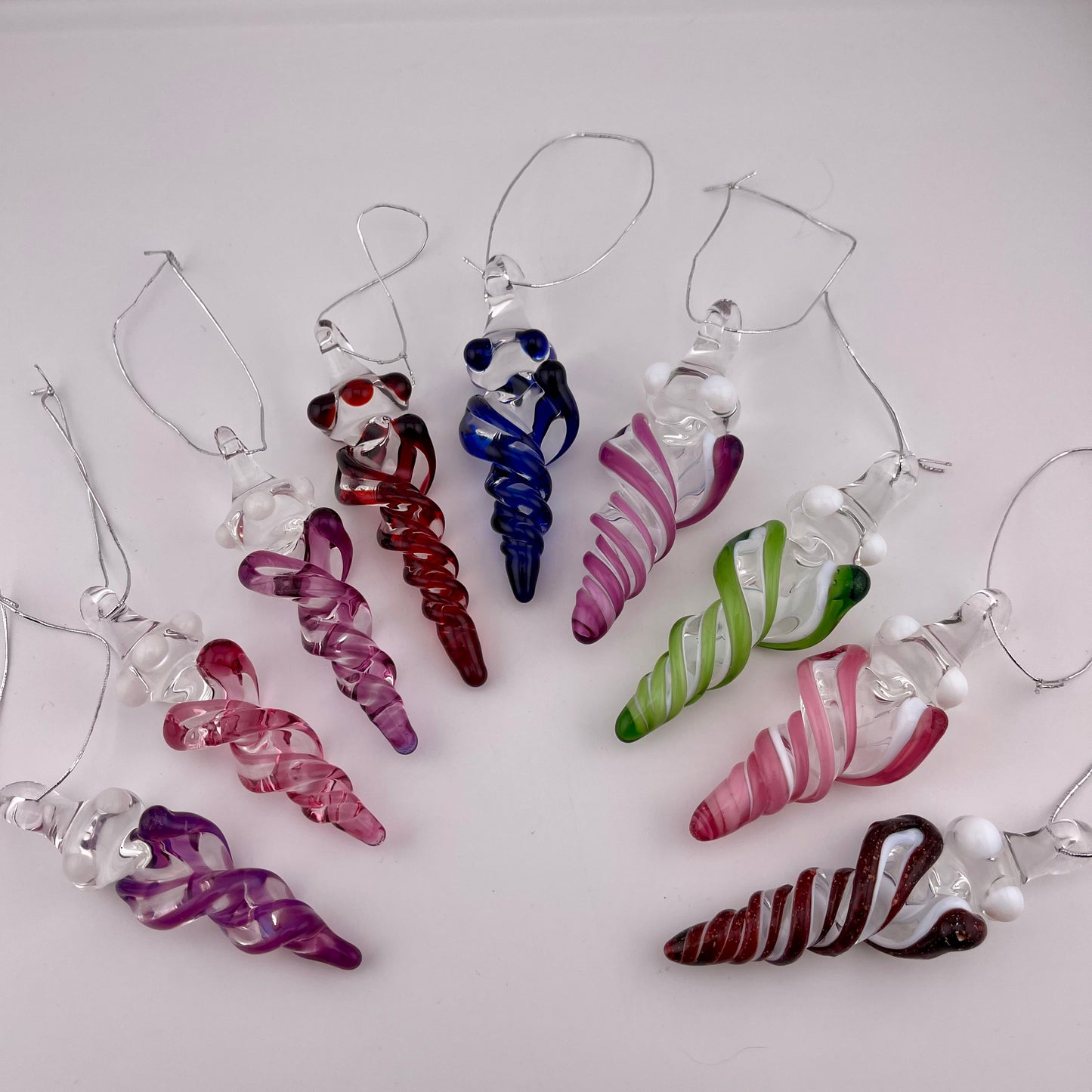 Mini Telemagenta over White Glass Icicle Ornaments