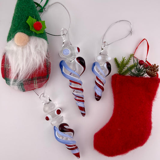 3 Pack Light Blue and Elvis Red over Lotus White Glass Icicle Ornament  "Holiday Special"