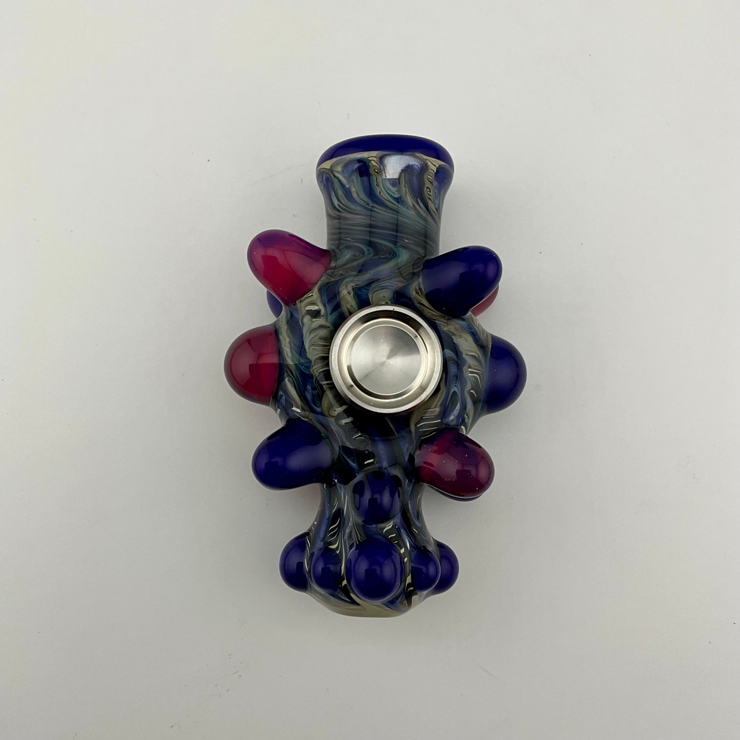 Glass Fidget Spinner Pipe Blue and Silver Wrap n Rake