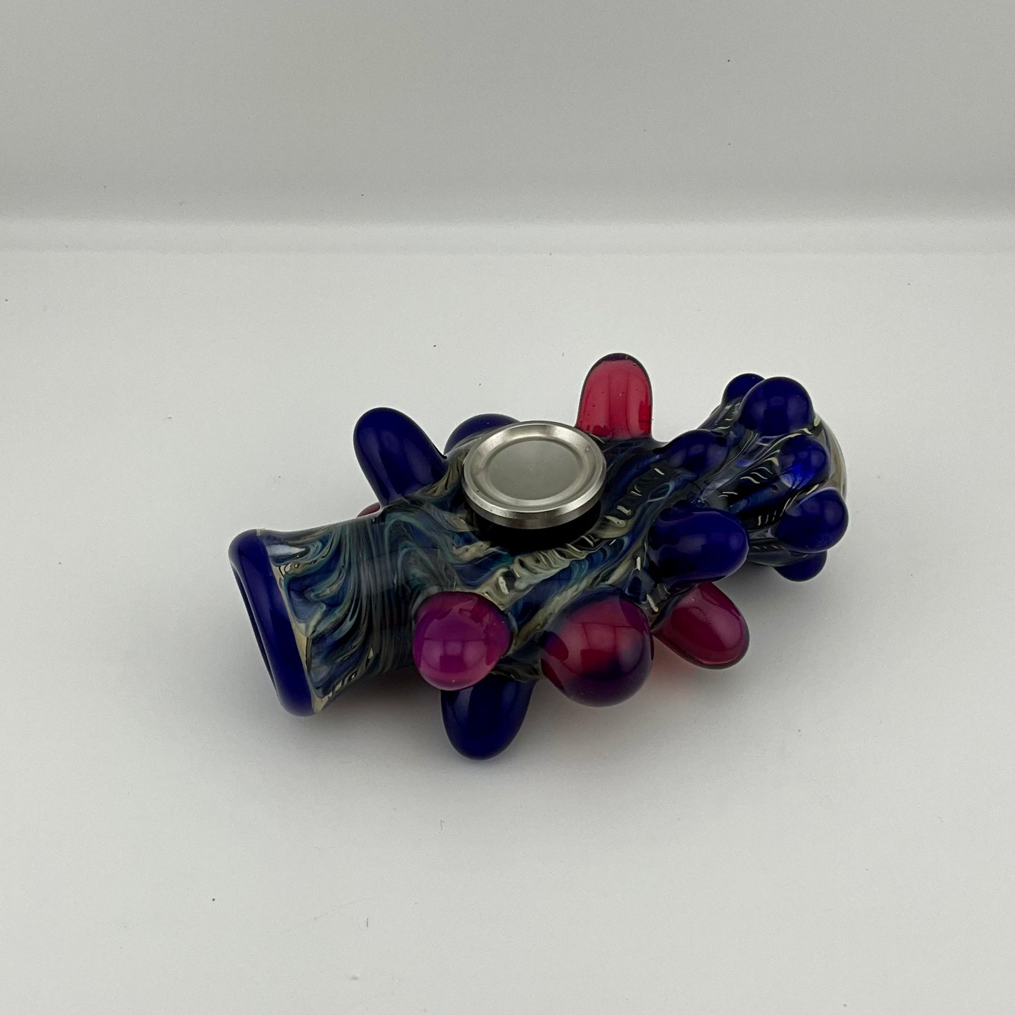 Glass Fidget Spinner Pipe Blue and Silver Wrap n Rake