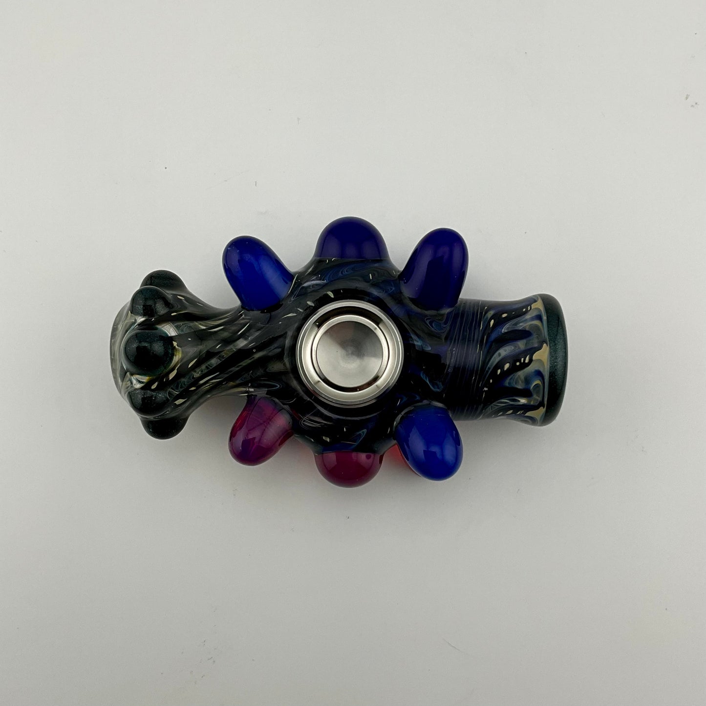 Glass Fidget Spinner Pipe Cobalt Blue and Silver Wrap n Rake