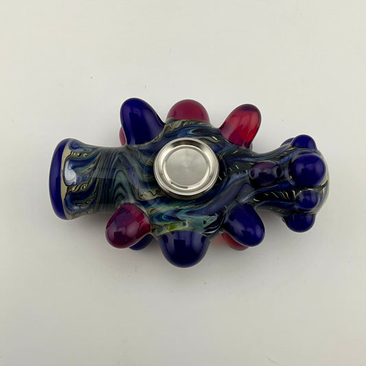 Glass Fidget Spinner Pipe Blue and Silver Wrap n Rake