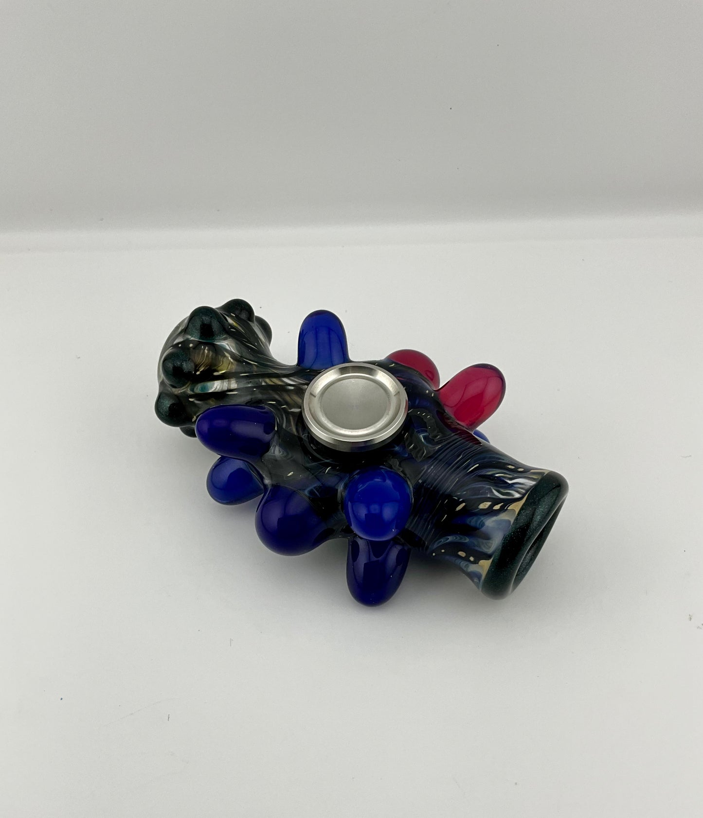 Glass Fidget Spinner Pipe Cobalt Blue and Silver Wrap n Rake