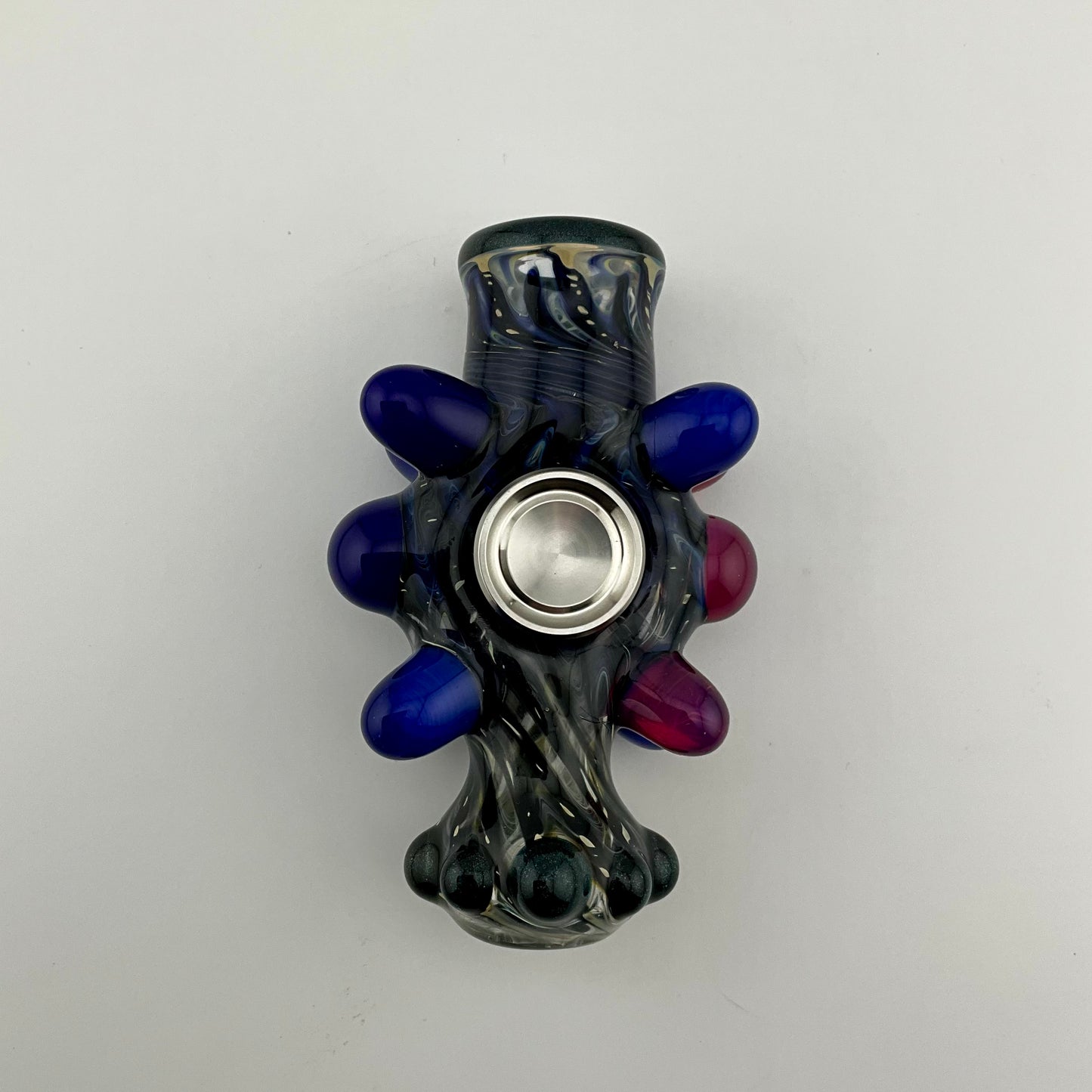 Glass Fidget Spinner Pipe Cobalt Blue and Silver Wrap n Rake