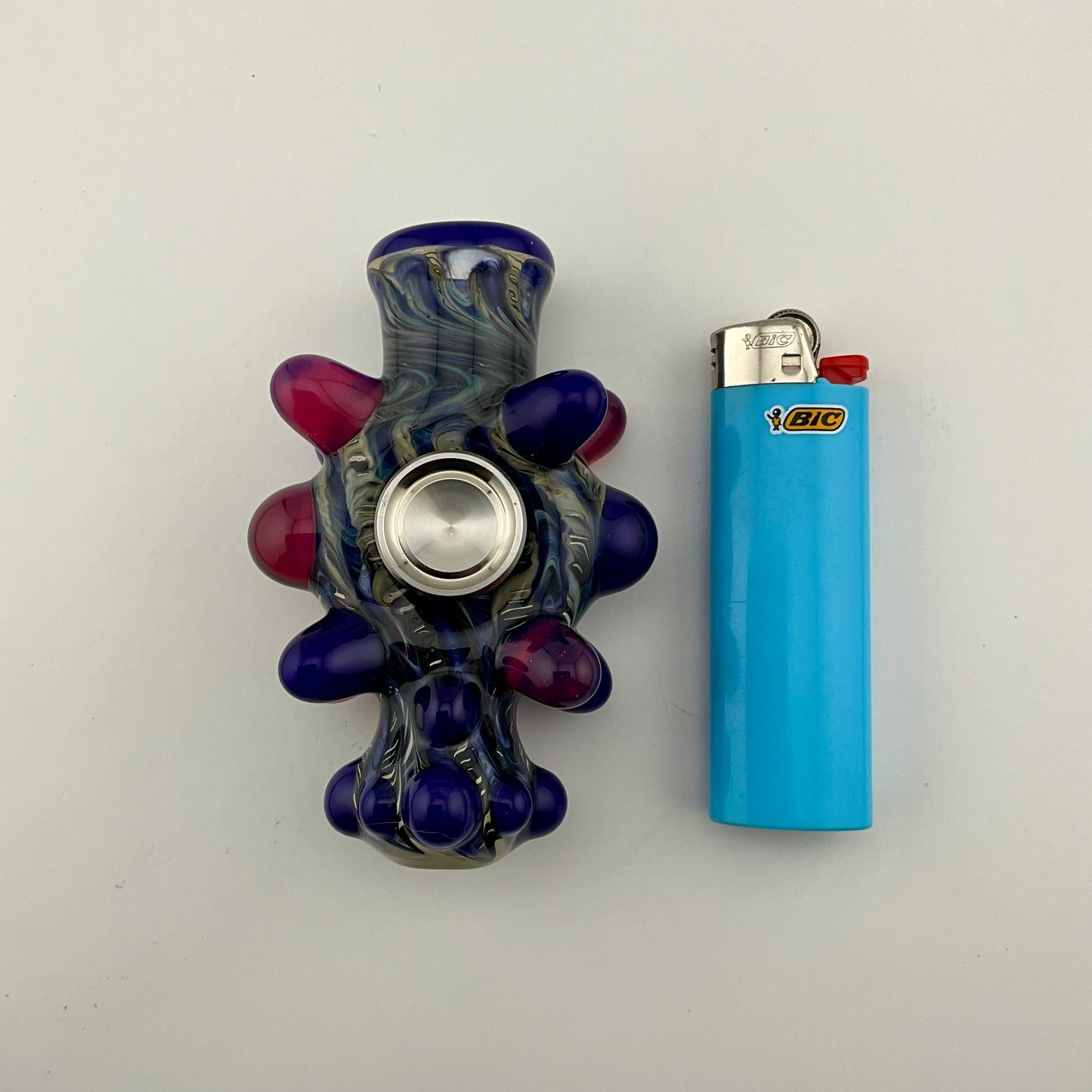 Glass Fidget Spinner Pipe Blue and Silver Wrap n Rake