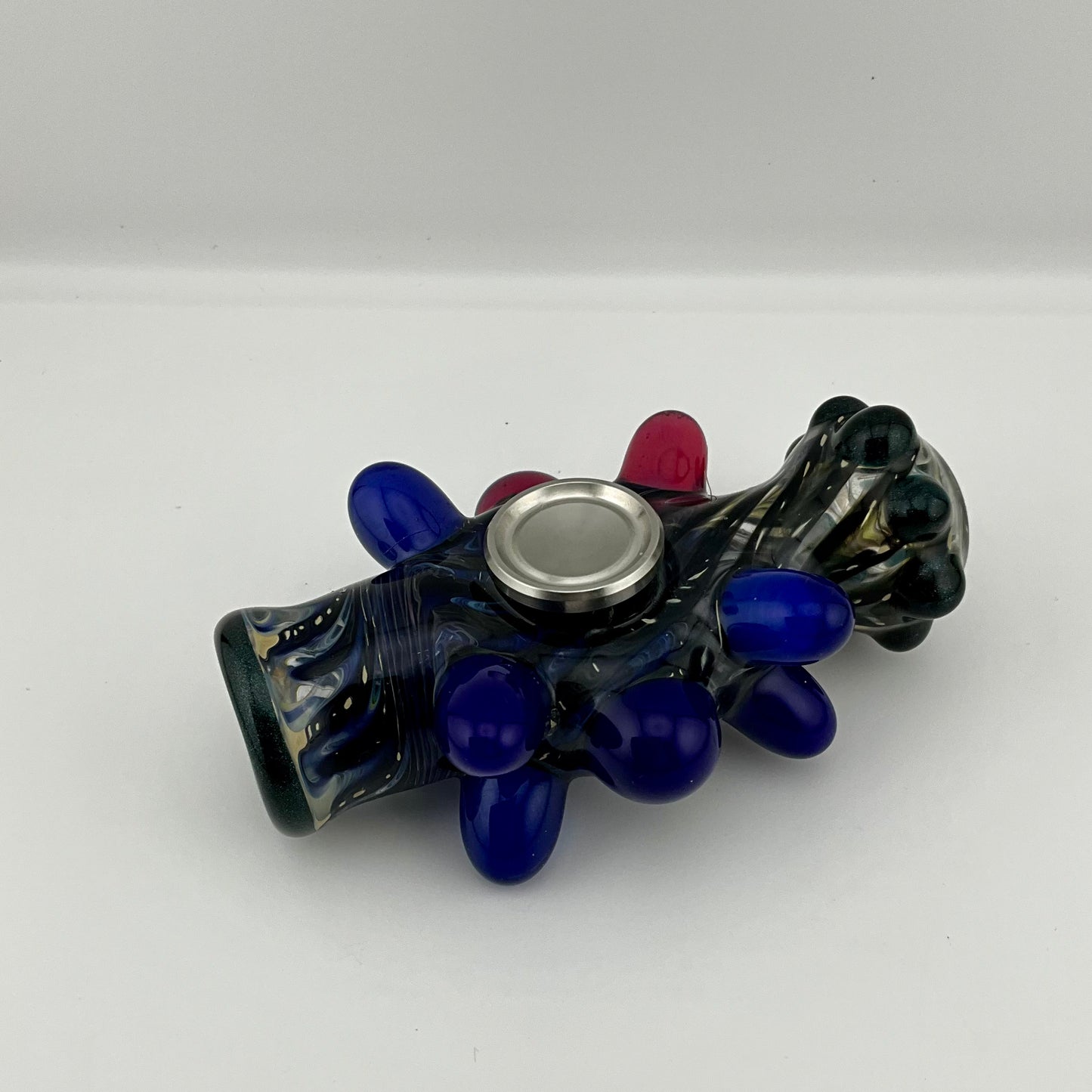 Glass Fidget Spinner Pipe Cobalt Blue and Silver Wrap n Rake