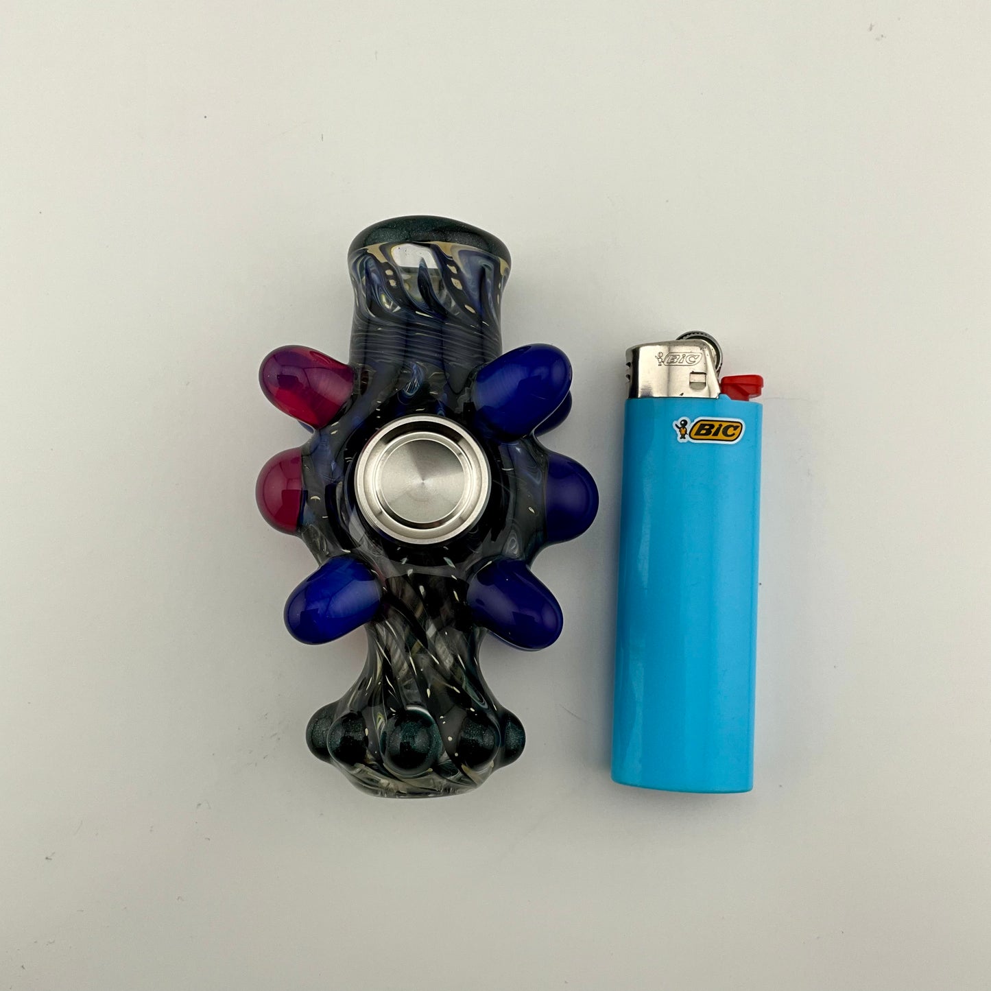 Glass Fidget Spinner Pipe Cobalt Blue and Silver Wrap n Rake