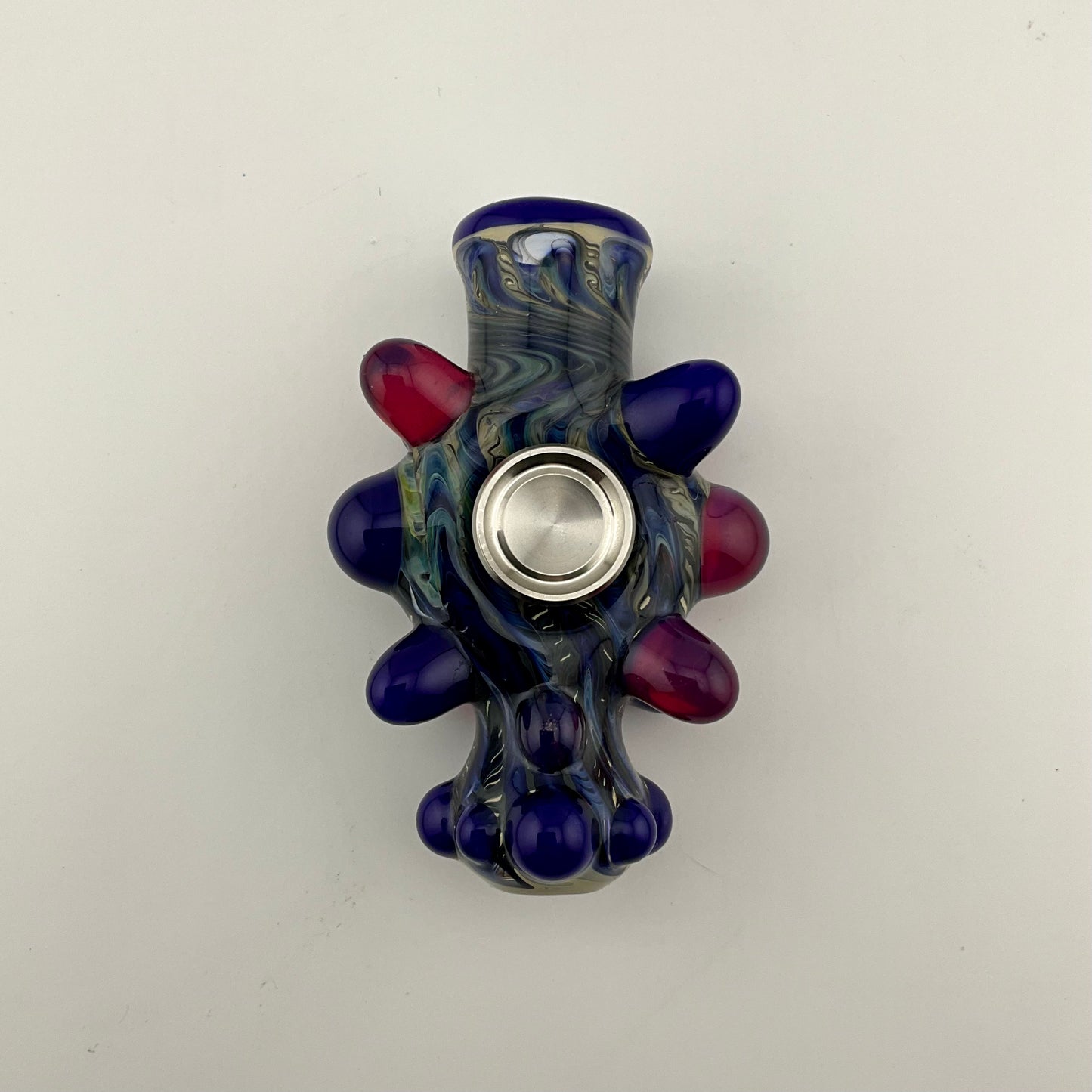 Glass Fidget Spinner Pipe Blue and Silver Wrap n Rake