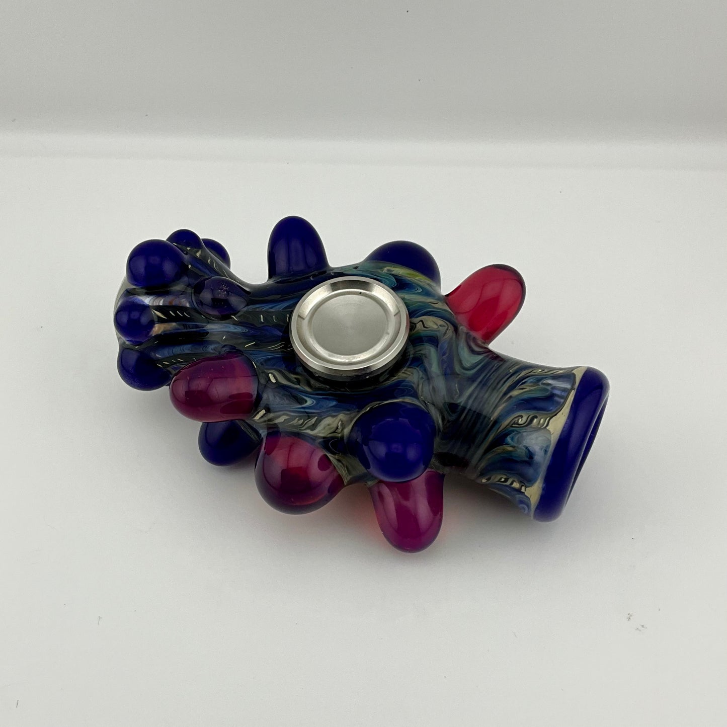 Glass Fidget Spinner Pipe Blue and Silver Wrap n Rake