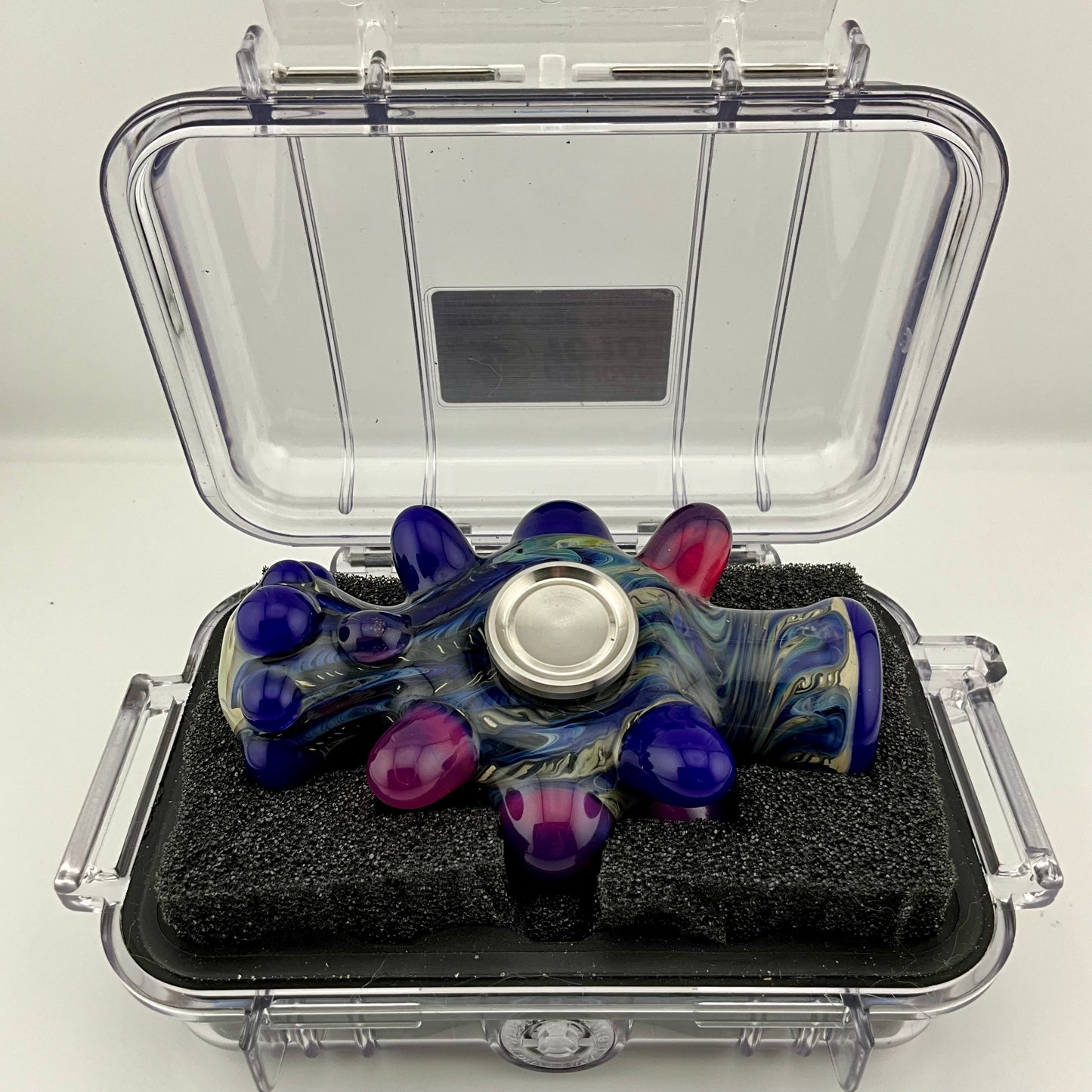 Glass Fidget Spinner Pipe Blue and Silver Wrap n Rake