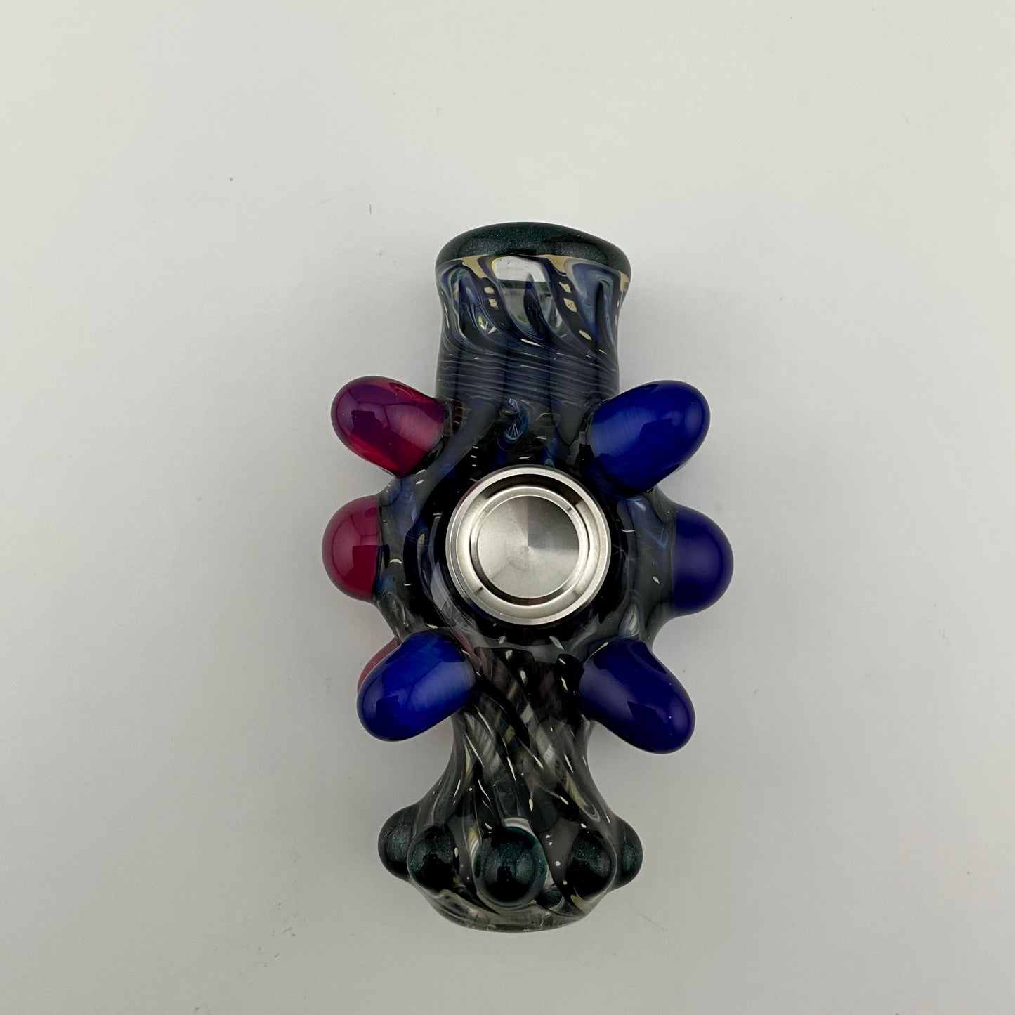 Glass Fidget Spinner Pipe Cobalt Blue and Silver Wrap n Rake