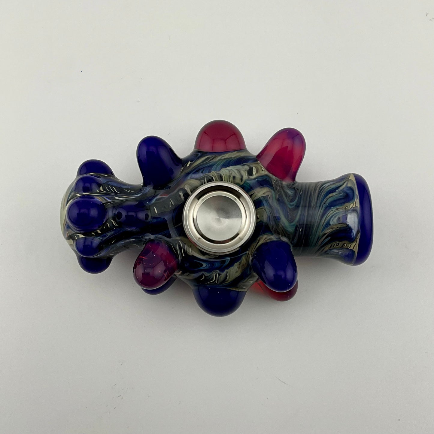 Glass Fidget Spinner Pipe Blue and Silver Wrap n Rake