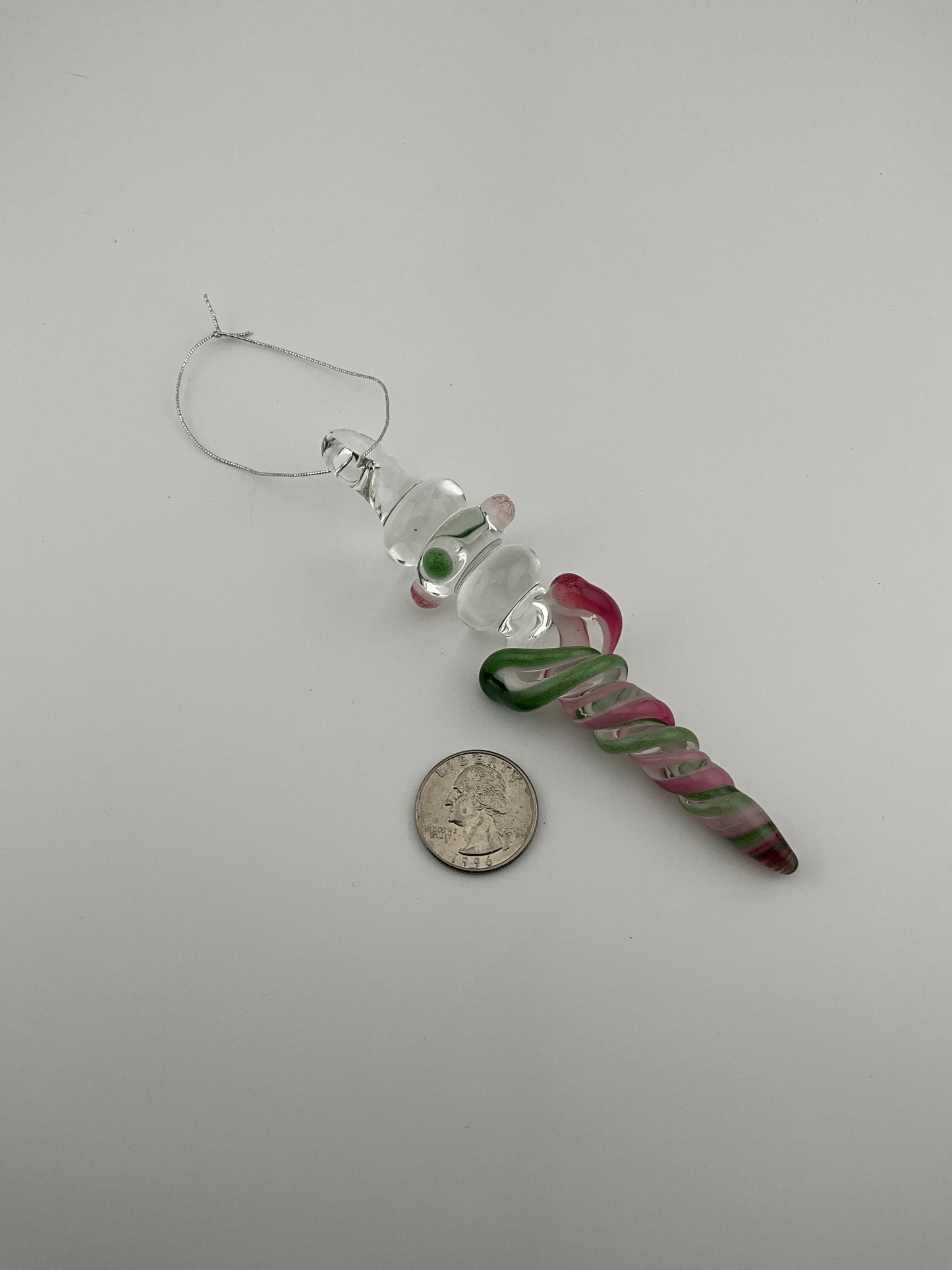 Mini Maria Telemagenta and Plantphibian Green over White Colored Glass Icicle Ornament