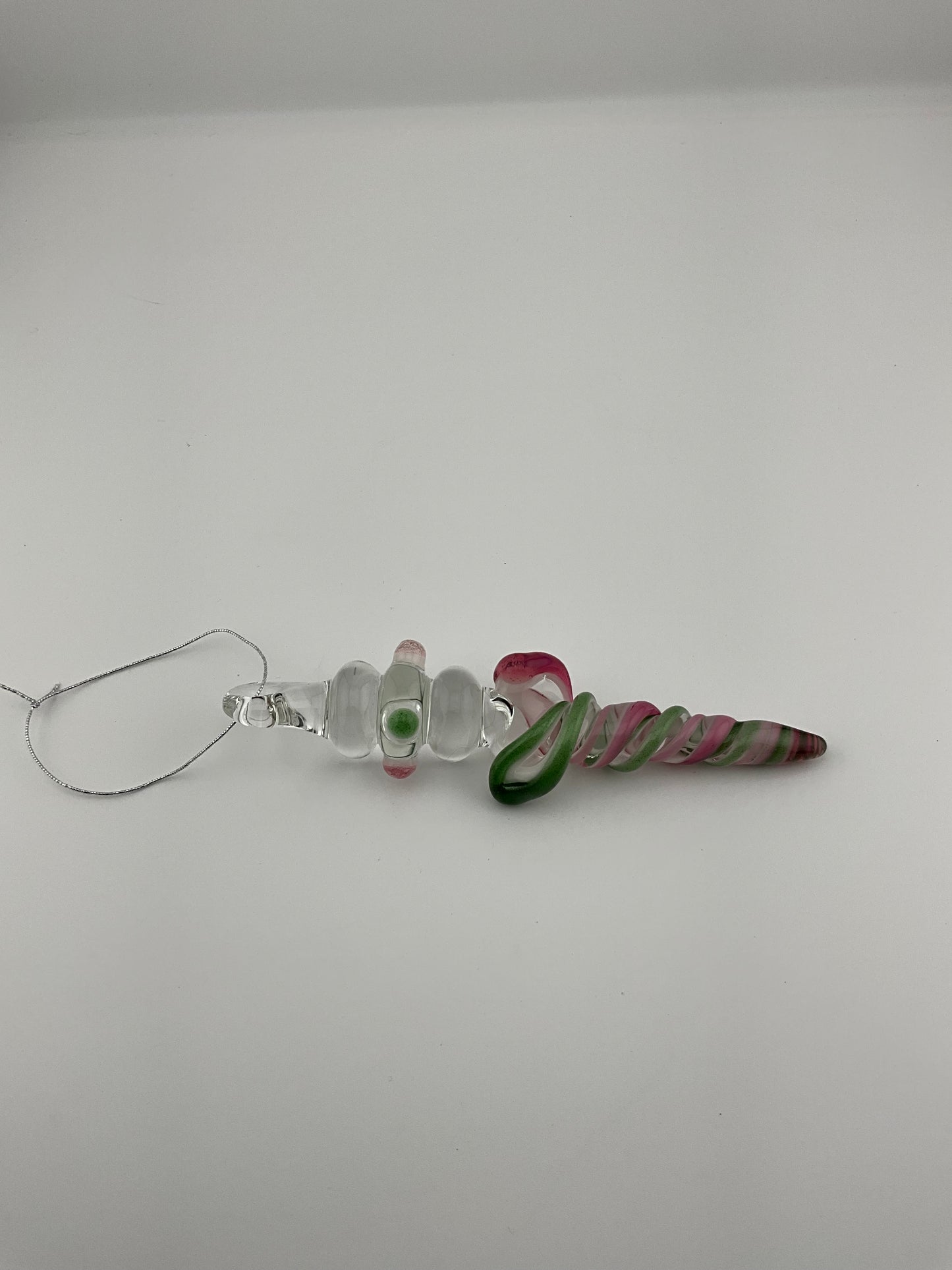 Mini Maria Telemagenta and Plantphibian Green over White Colored Glass Icicle Ornament