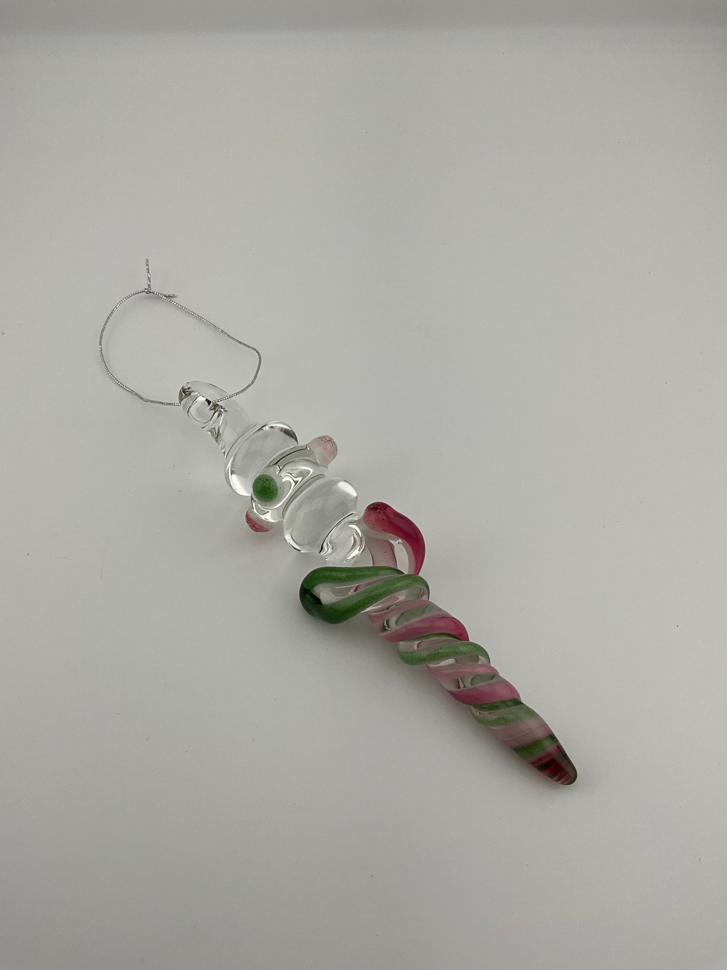 Mini Maria Telemagenta and Plantphibian Green over White Colored Glass Icicle Ornament