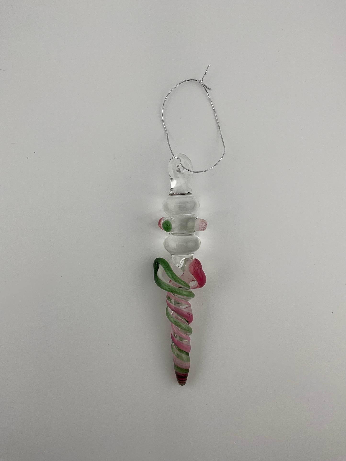 Mini Maria Telemagenta and Plantphibian Green over White Colored Glass Icicle Ornament