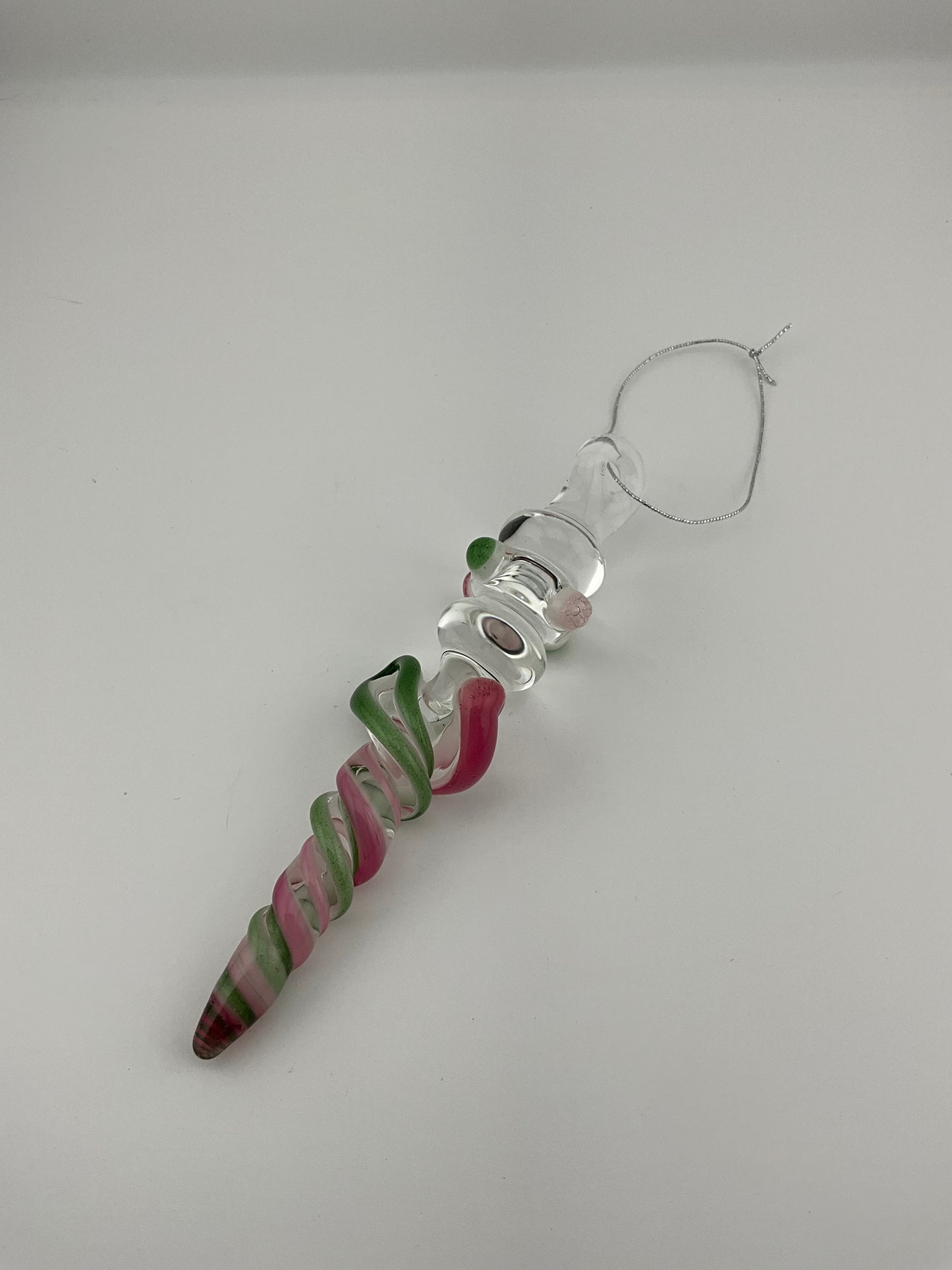 Mini Maria Telemagenta and Plantphibian Green over White Colored Glass Icicle Ornament