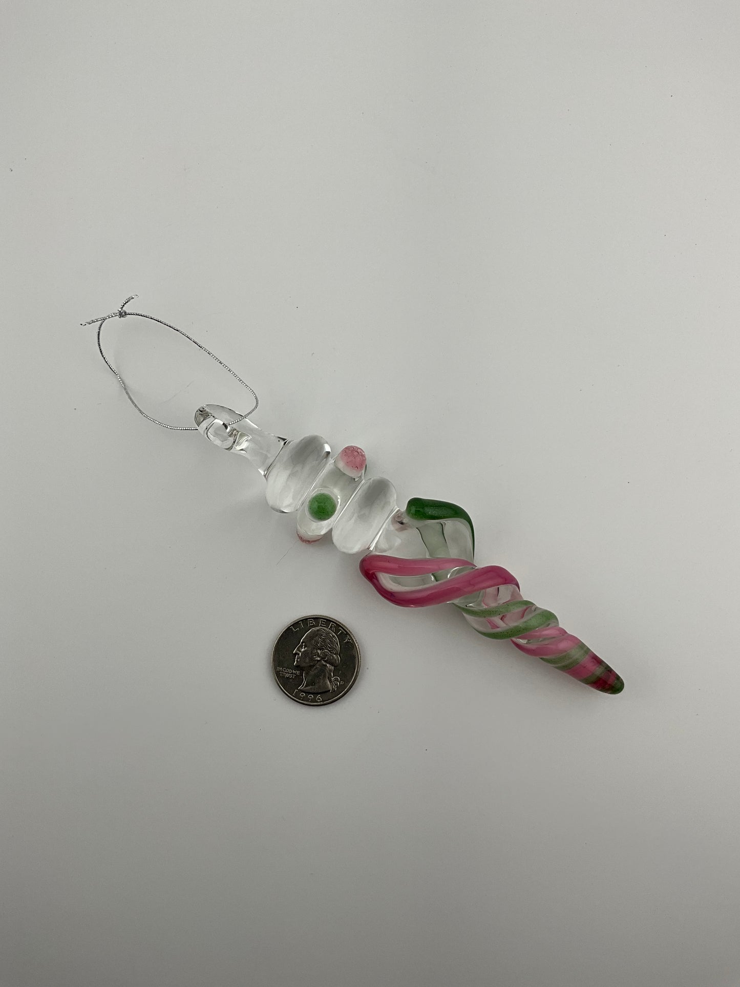 Mini Maria Telemagenta and Sparkly Green over White Colored Glass Icicle Ornament