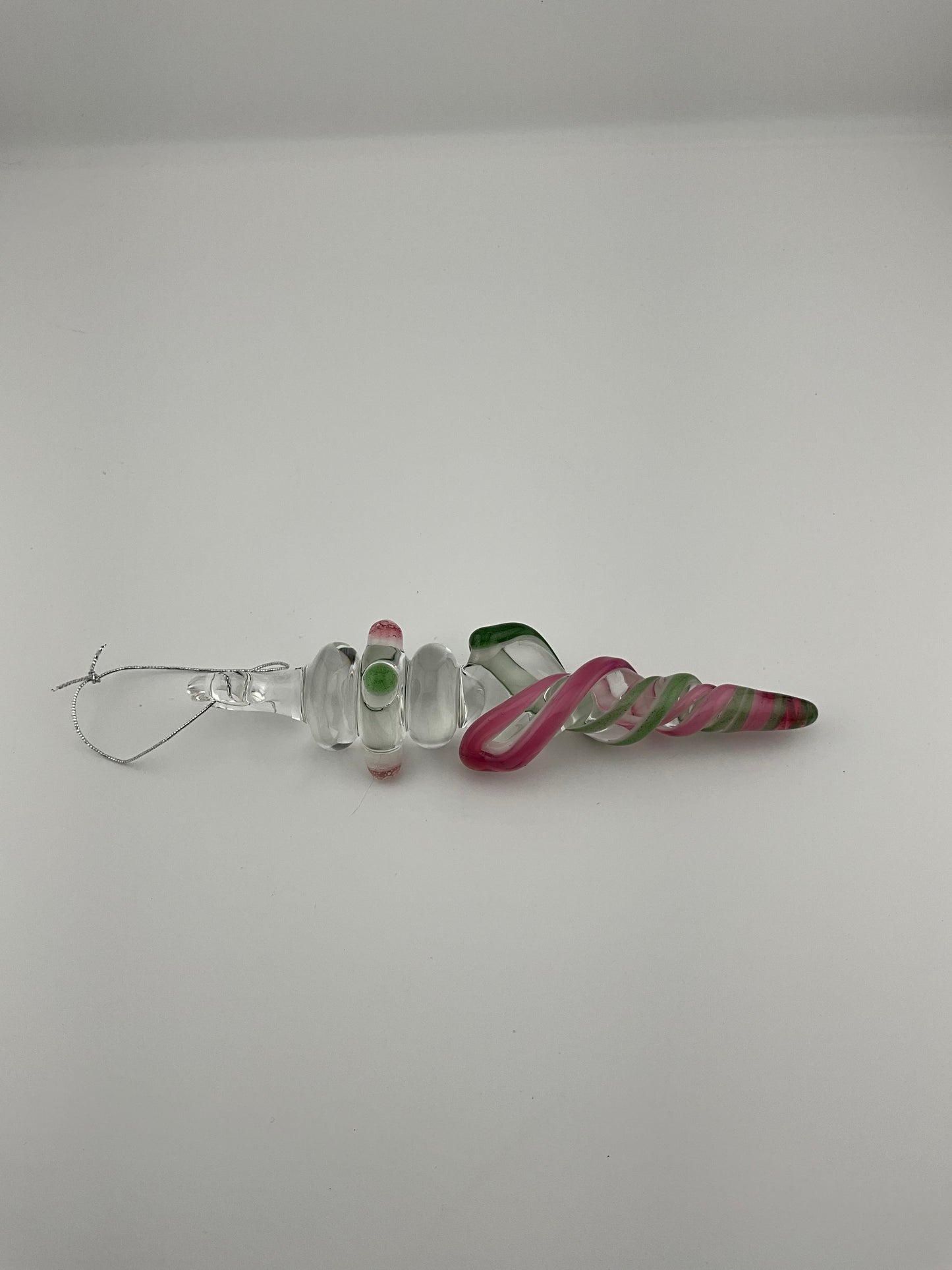 Mini Maria Telemagenta and Sparkly Green over White Colored Glass Icicle Ornament