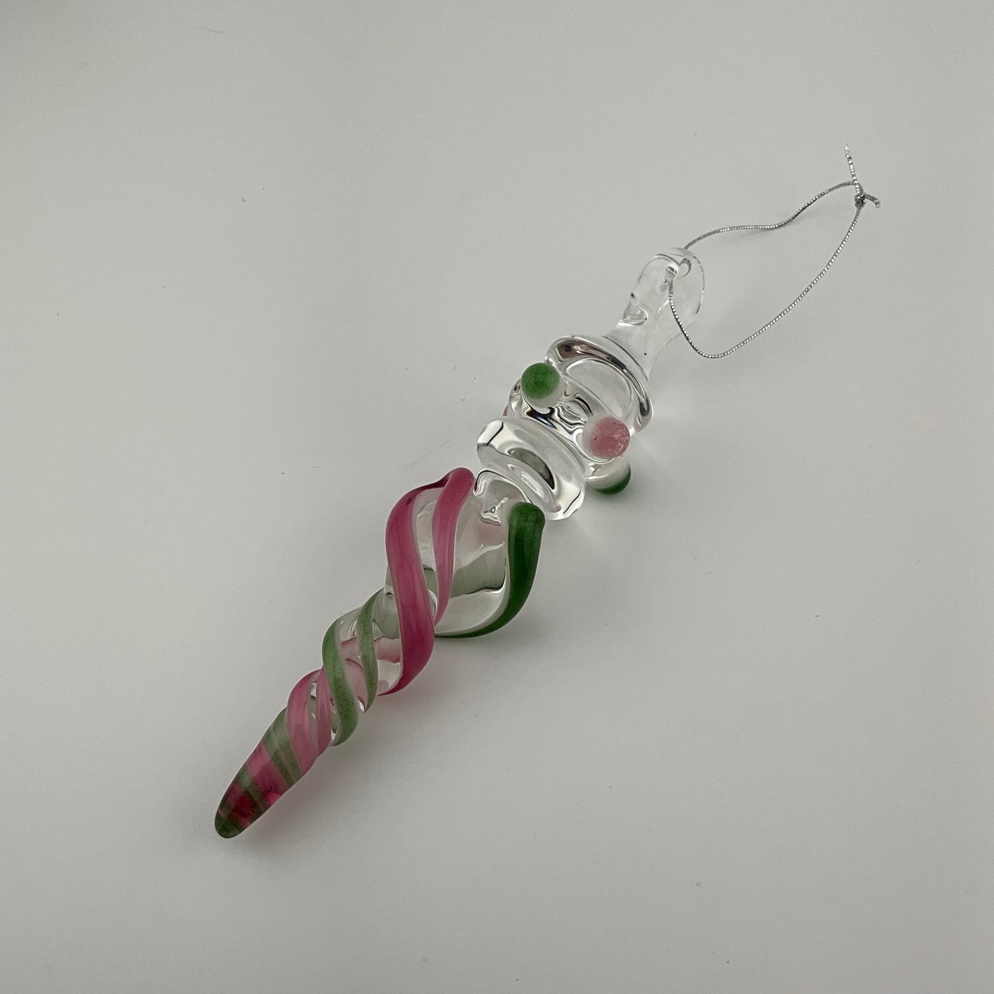 Mini Maria Telemagenta and Sparkly Green over White Colored Glass Icicle Ornament