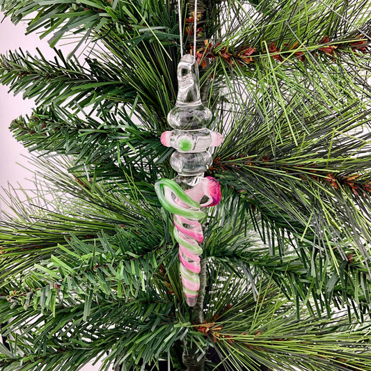 Mini Maria Telemagenta and Plantphibian Green over White Colored Glass Icicle Ornament