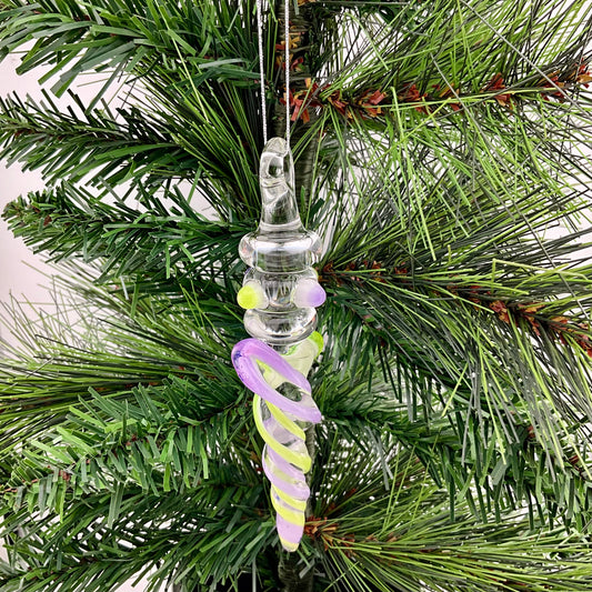 Mini Maria Pink Slymm and Green Slymm over White Colored Glass Icicle Ornament