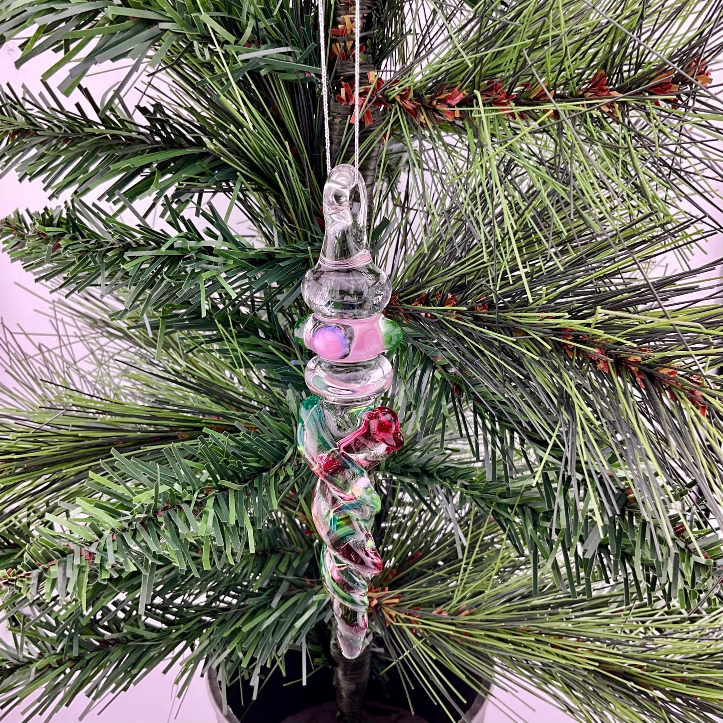 Mini Maria Telemagenta and Plantphibian Colored Glass Icicle Ornament