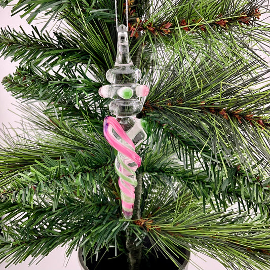 Mini Maria Telemagenta and Sparkly Green over White Colored Glass Icicle Ornament