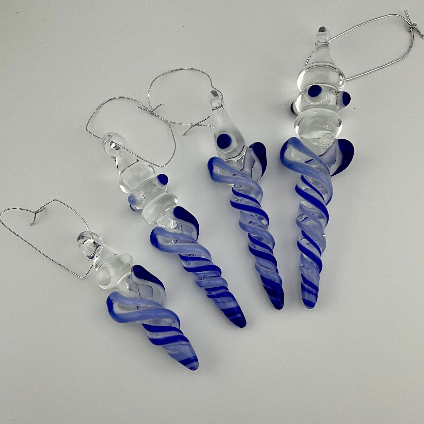 4 Pack Deep Blue and Neptune Blue Glass Icicle Ornaments