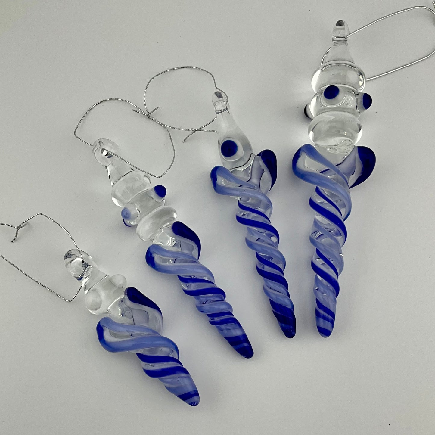 4 Pack Deep Blue and Neptune Blue Glass Icicle Ornaments