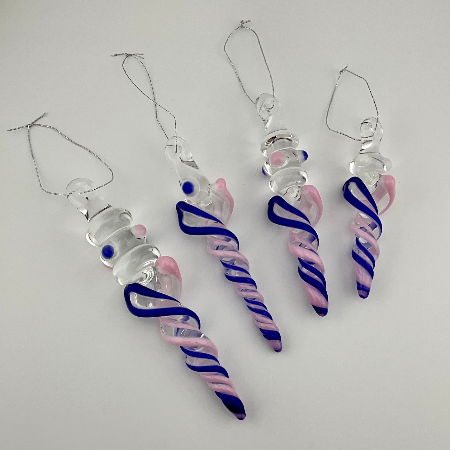 4 Pack of Cadillac Pink and Blue over White Icicle Ornaments