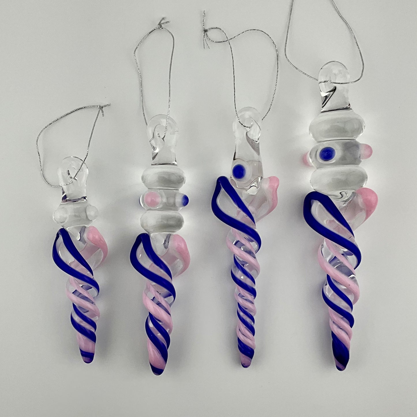 4 Pack of Cadillac Pink and Blue over White Icicle Ornaments