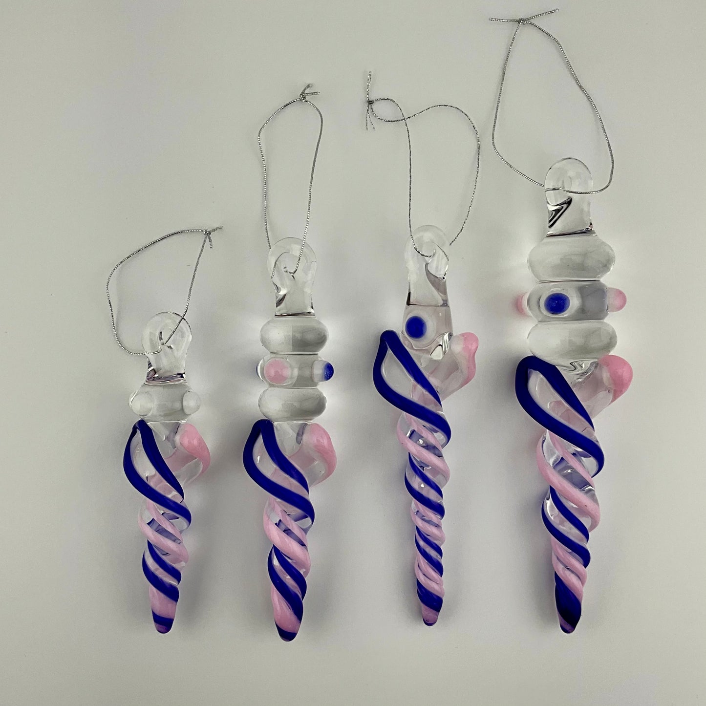 4 Pack of Cadillac Pink and Blue over White Icicle Ornaments