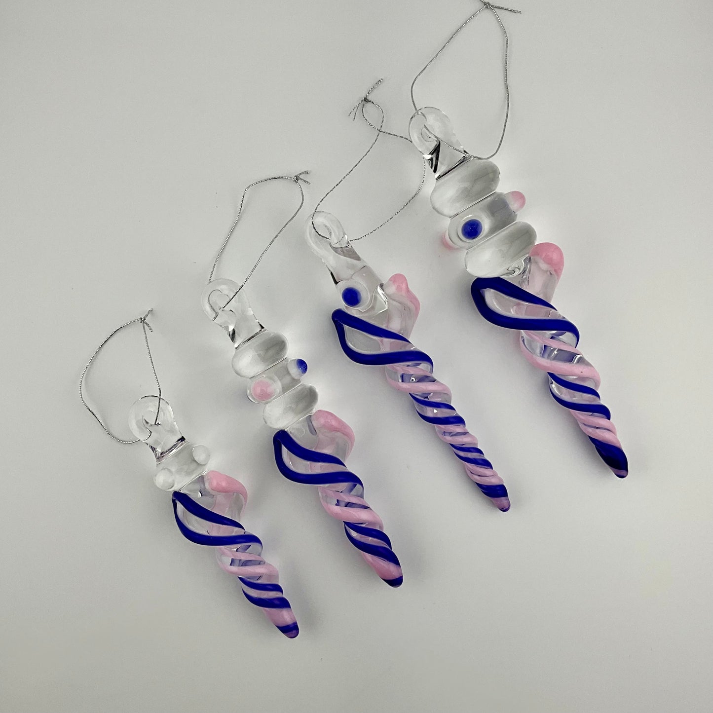 4 Pack of Cadillac Pink and Blue over White Icicle Ornaments