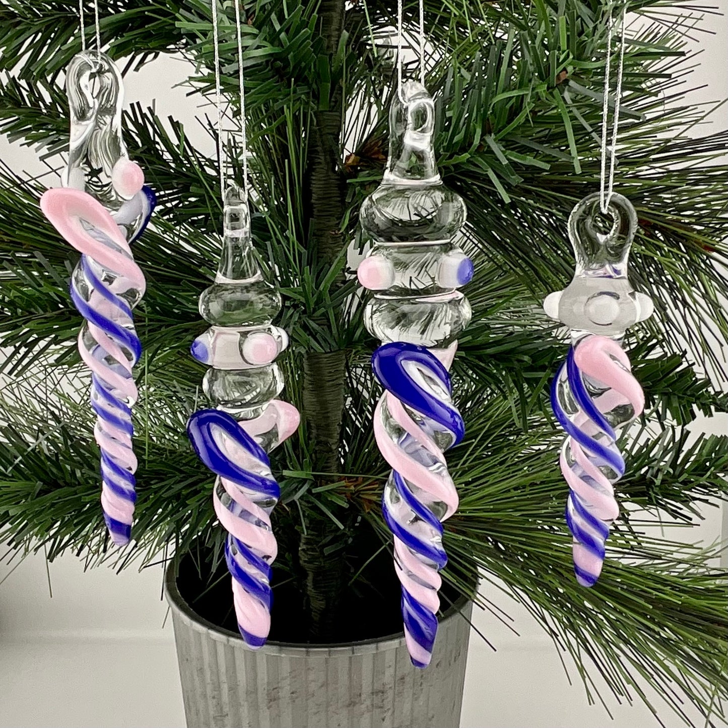 4 Pack of Cadillac Pink and Blue over White Icicle Ornaments