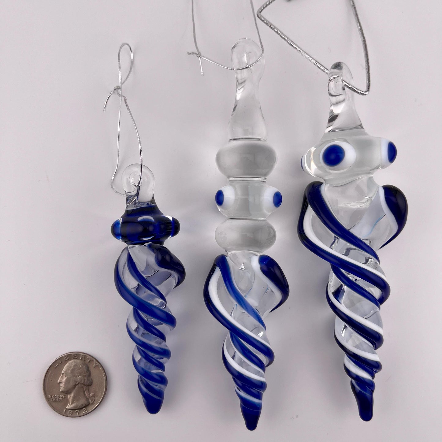 3 Pack of Cobalt Blue over Lotus White Glass Icicle Ornament Designs “Holiday Special”