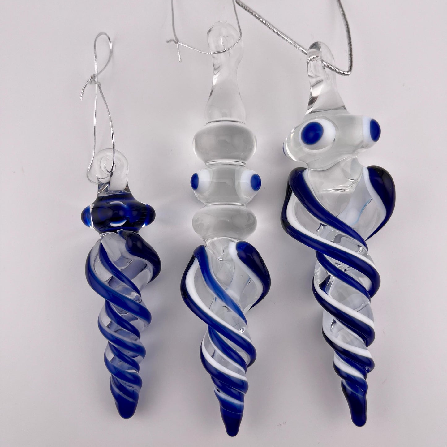 3 Pack of Cobalt Blue over Lotus White Glass Icicle Ornament Designs “Holiday Special”