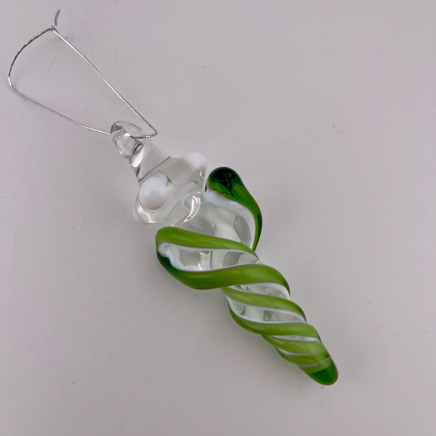 Mini Glass Icicle Ornament with Plantphibian Green over Lotus White Color Twist