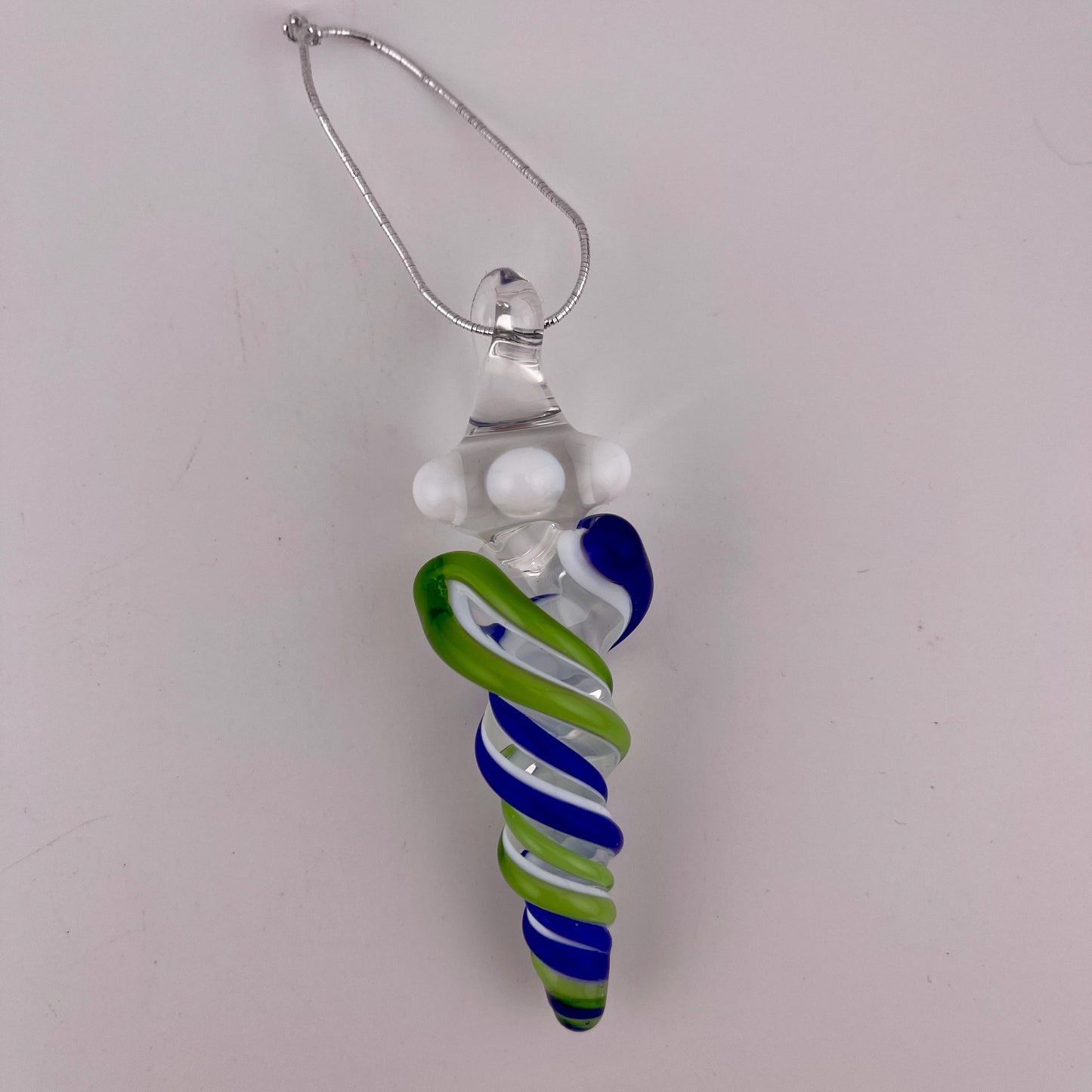 Mini Glass Icicle Ornament with Plantphibian Green and Cobalt Blue over Lotus White Color Twist