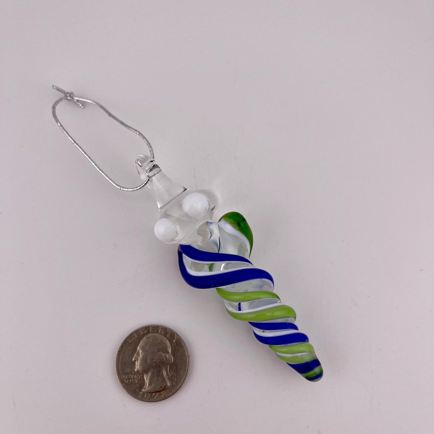 Mini Glass Icicle Ornament with Plantphibian Green and Cobalt Blue over Lotus White Color Twist