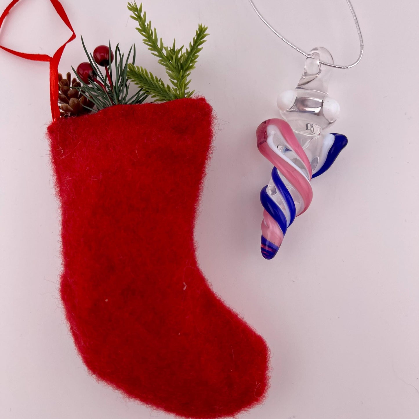 Mini Glass Icicle Ornament with Talemagenta and Cobalt Blue over Lotus White Color Twist